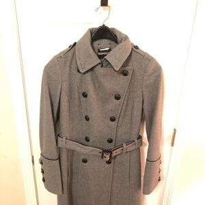 Express Gray Double-Breasted Wool-Blend Trench Coat with Belt